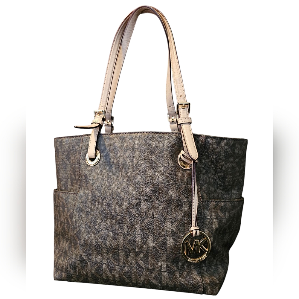 Michael Kors Dark Brown Signature Coated Canvas and Leather Jet Set Tote